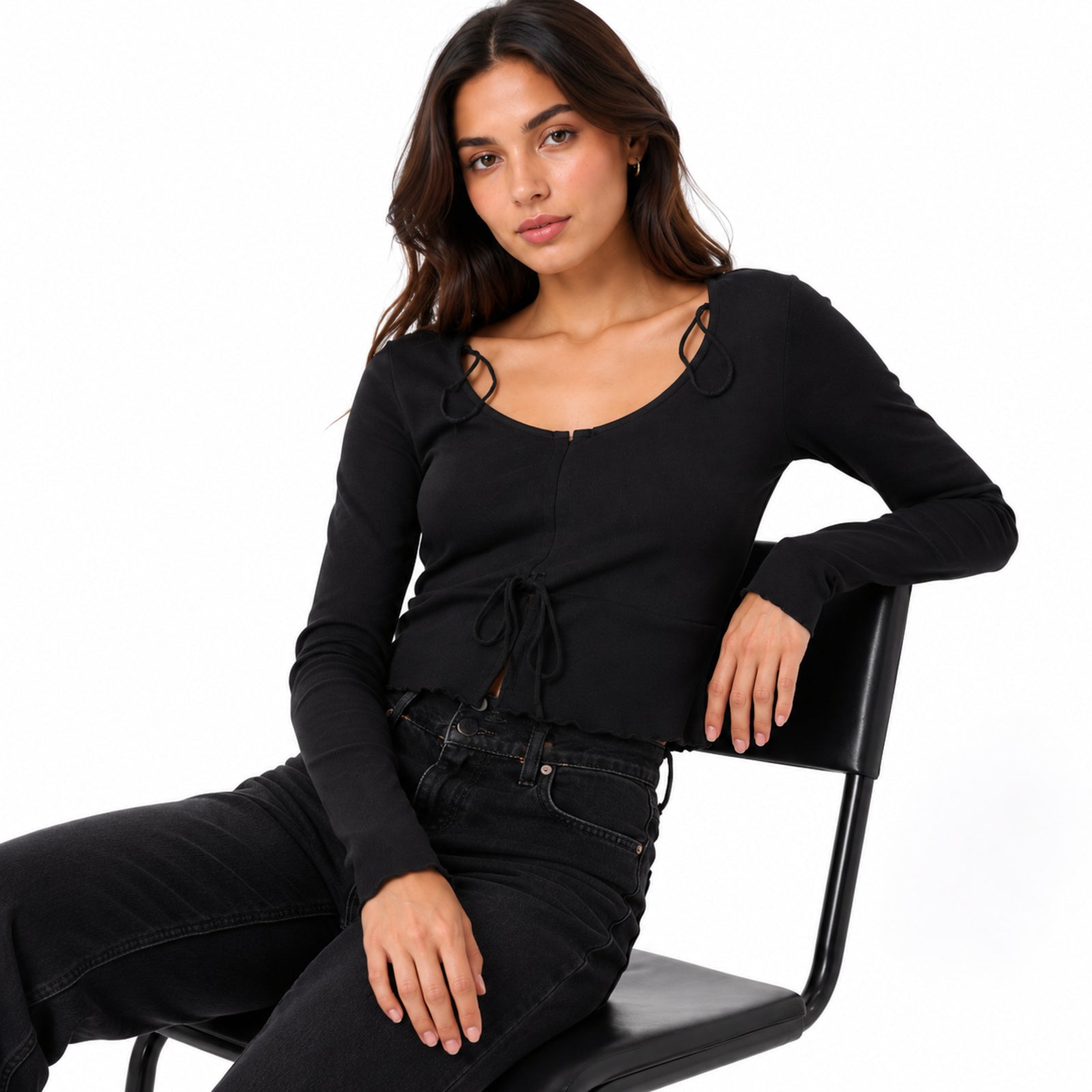 Women's Black Tie-Front Long Sleeve Cropped Casual Top-2