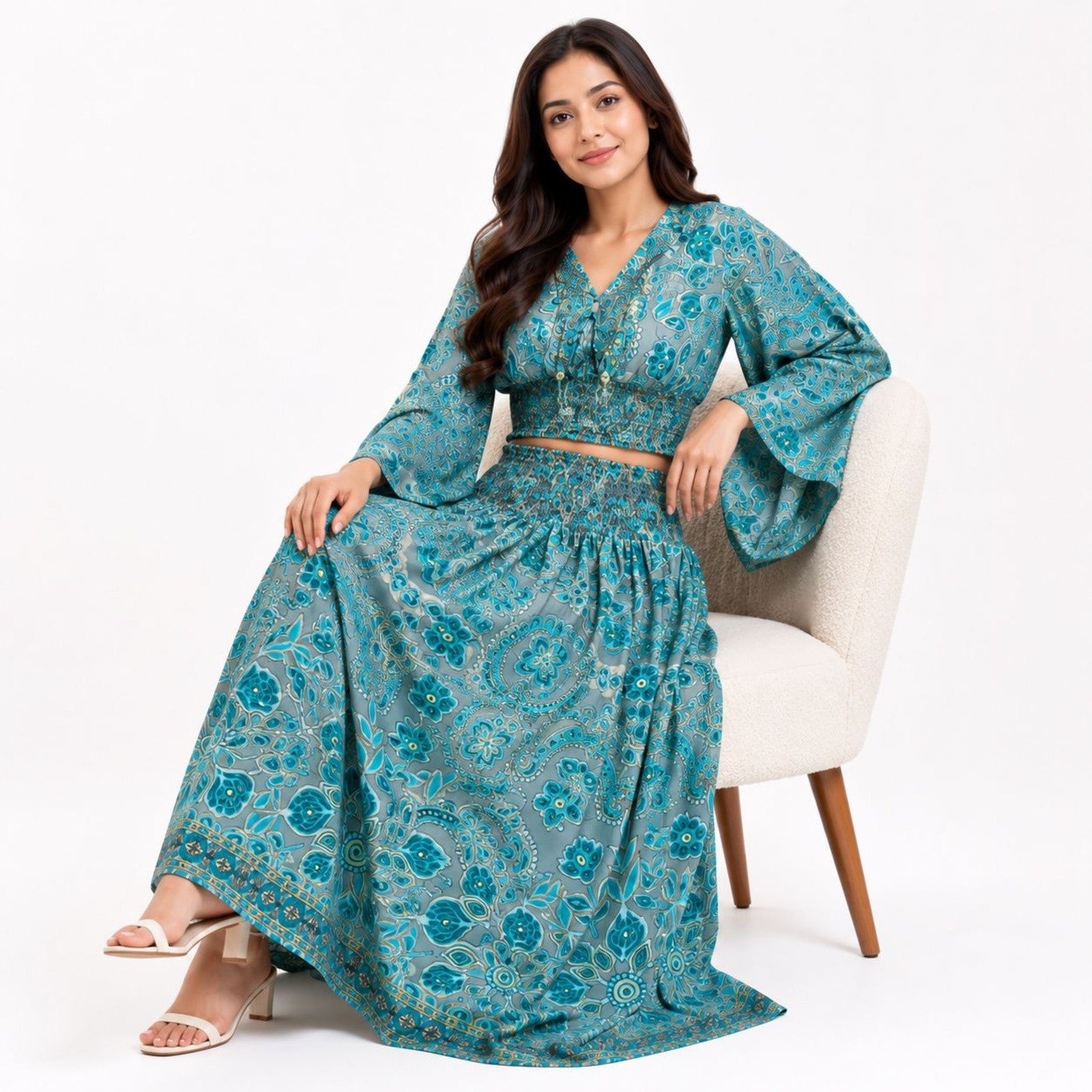 Women's Bohemian Chic Sage Green Floral Flare-Sleeve Crop Top and Maxi Skirt Set-2