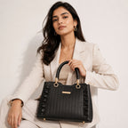 Women's Black Quilted Structured Handbag with Gold-Tone Handle-3