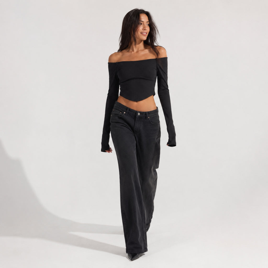 Women's Black Ribbed Off Shoulder Full Sleeve Crop Top-4