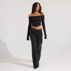 Women's Black Ribbed Off Shoulder Full Sleeve Crop Top-4