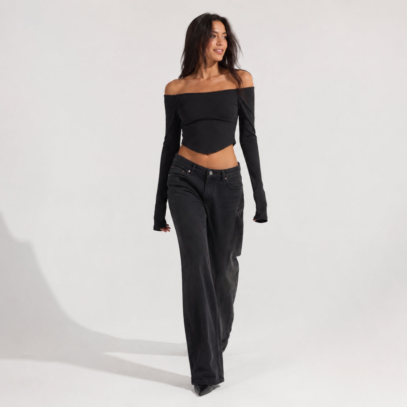 Women's Black Ribbed Off Shoulder Full Sleeve Crop Top-4
