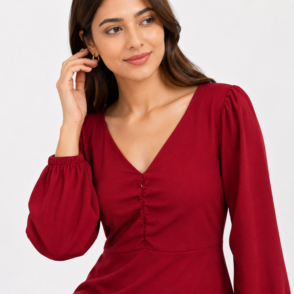 Women's Maroon Solid V-Neck Gathered Front Maxi Dress with Full Puff Sleeves-2