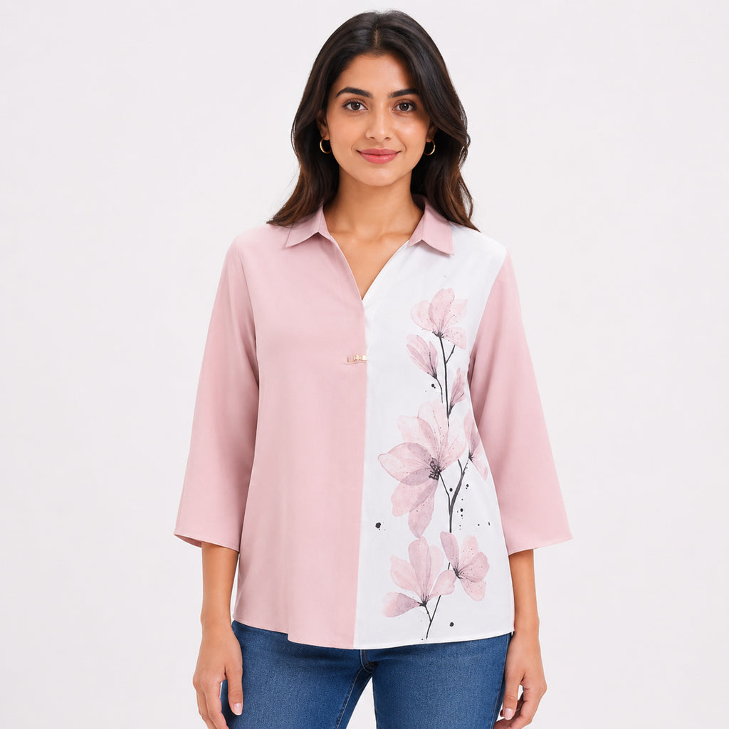Women's Pink Floral Print Color Block Casual Top | Elegant Collared Everyday Fashion Blouse-1