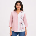 Women's Pink Floral Print Color Block Casual Top | Elegant Collared Everyday Fashion Blouse-1