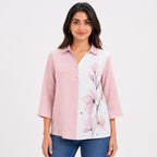 Women's Pink Floral Print Color Block Casual Top | Elegant Collared Everyday Fashion Blouse-1