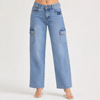 Women's Light Blue Wide Leg Cargo Jeans-1