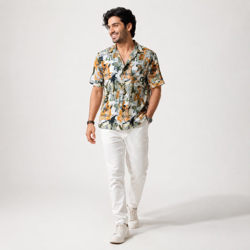 Men's Green Abstract Printed Half Sleeve Casual Shirt-4