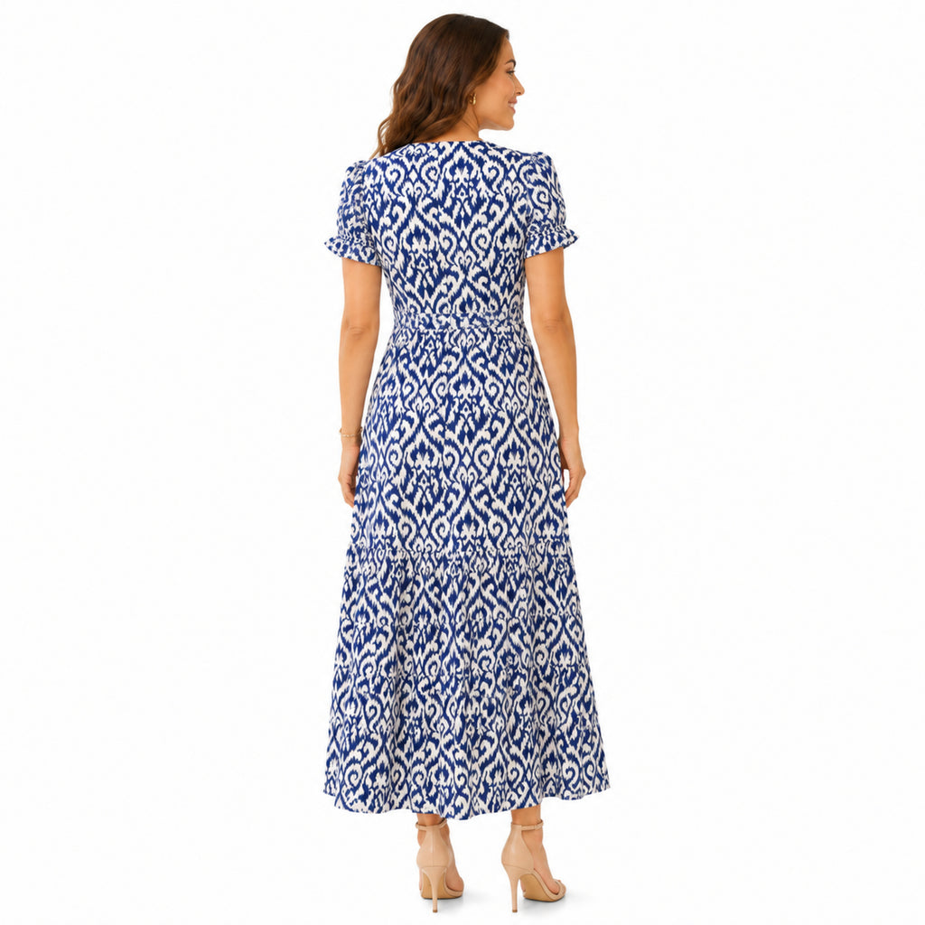 Women's Blue Ikat Print Tiered Maxi Dress with Ruffle Sleeves-4