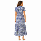 Women's Blue Ikat Print Tiered Maxi Dress with Ruffle Sleeves-4
