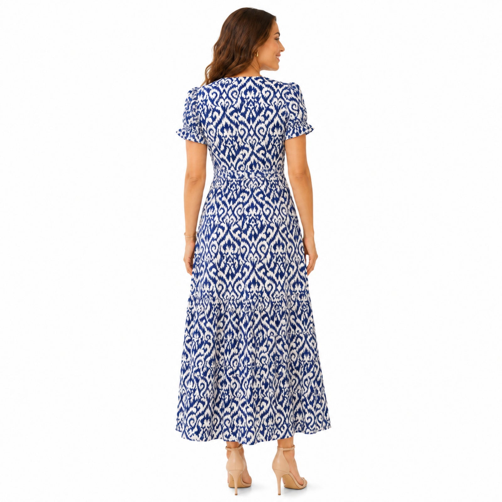 Women's Blue Ikat Print Tiered Maxi Dress with Ruffle Sleeves-4