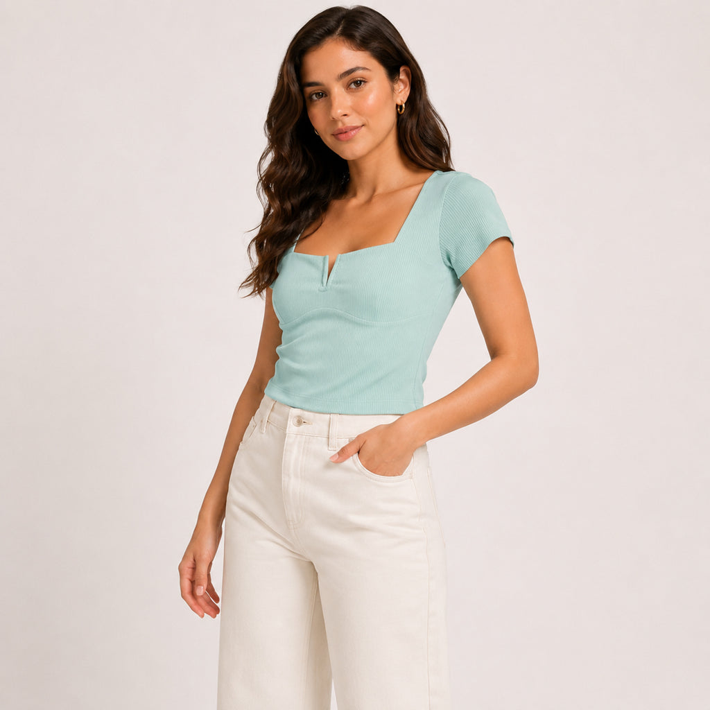 Women's Mint Green Ribbed Square Neck Top-3
