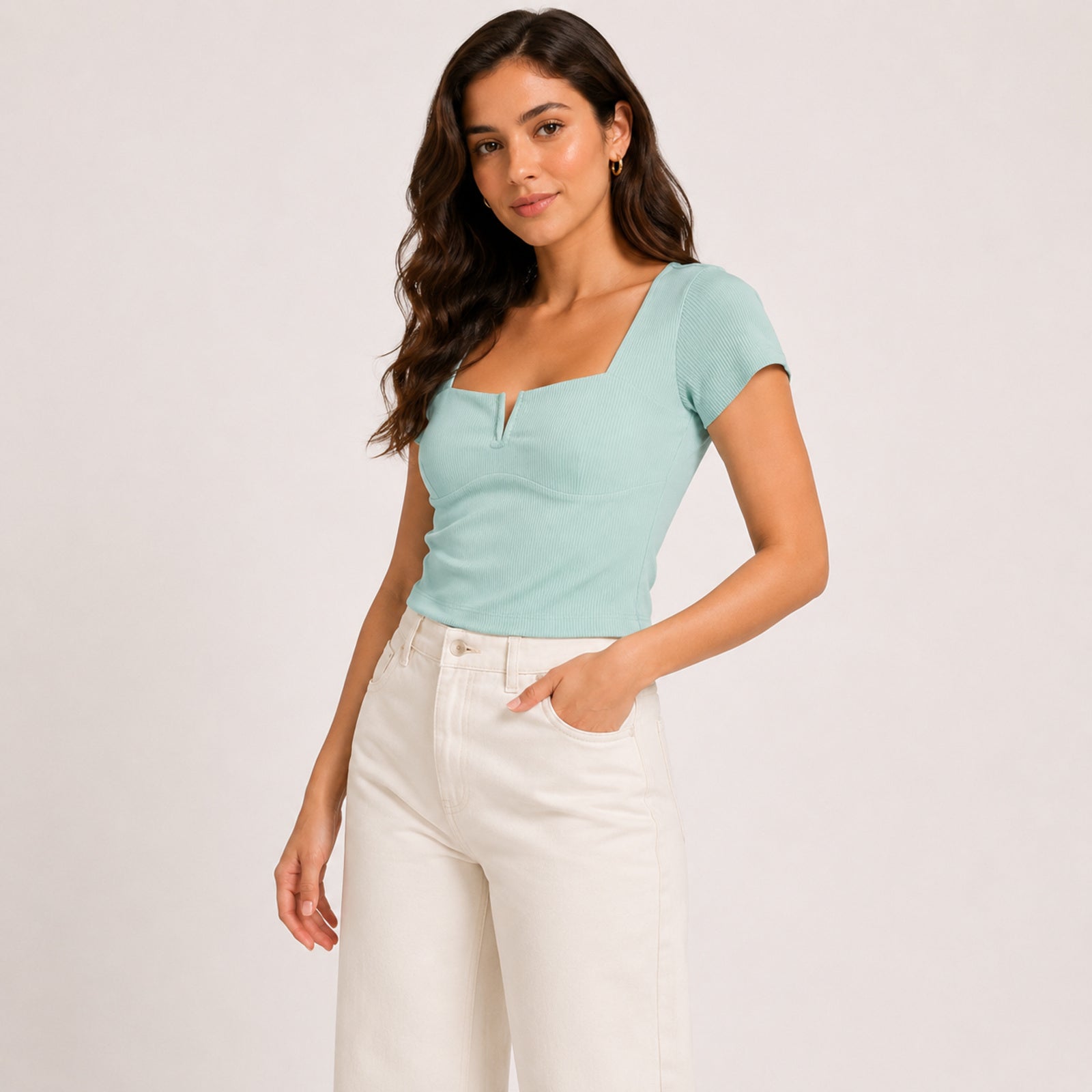 Women's Mint Green Ribbed Square Neck Top-3