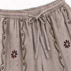 Women's Beige Embroidered Wide Leg Palazzo Pants with Drawstring Waist-4