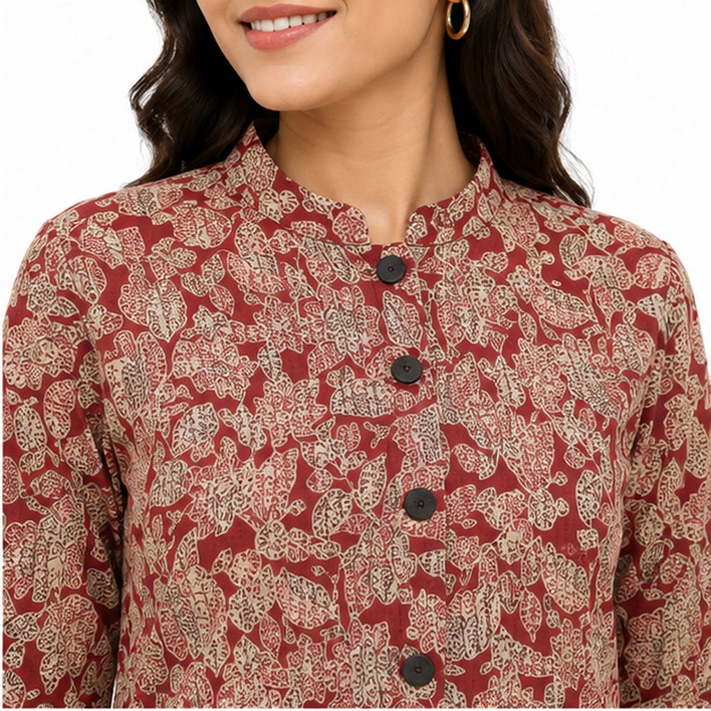 Women’s Red & Beige Printed Jacket – Full Sleeve Ethnic Jacket with Mandarin Collar-2