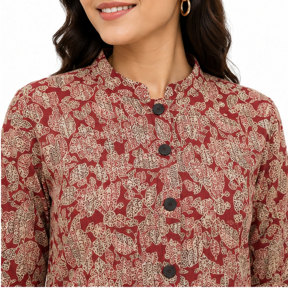 Women’s Red & Beige Printed Jacket – Full Sleeve Ethnic Jacket with Mandarin Collar-2