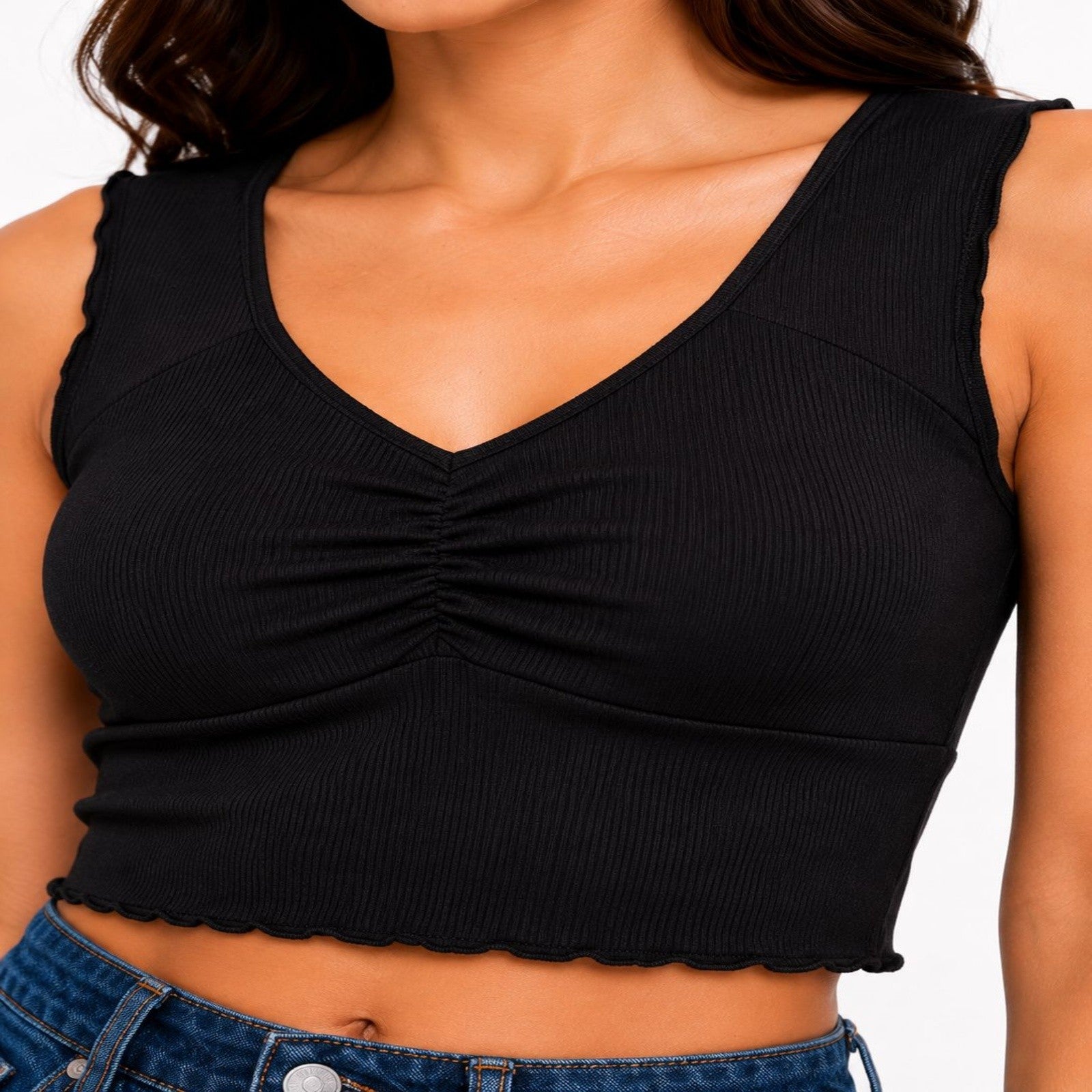 Women's Chic Midnight Black Ribbed Bralette Crop Top with Ruched V-Neckline-2