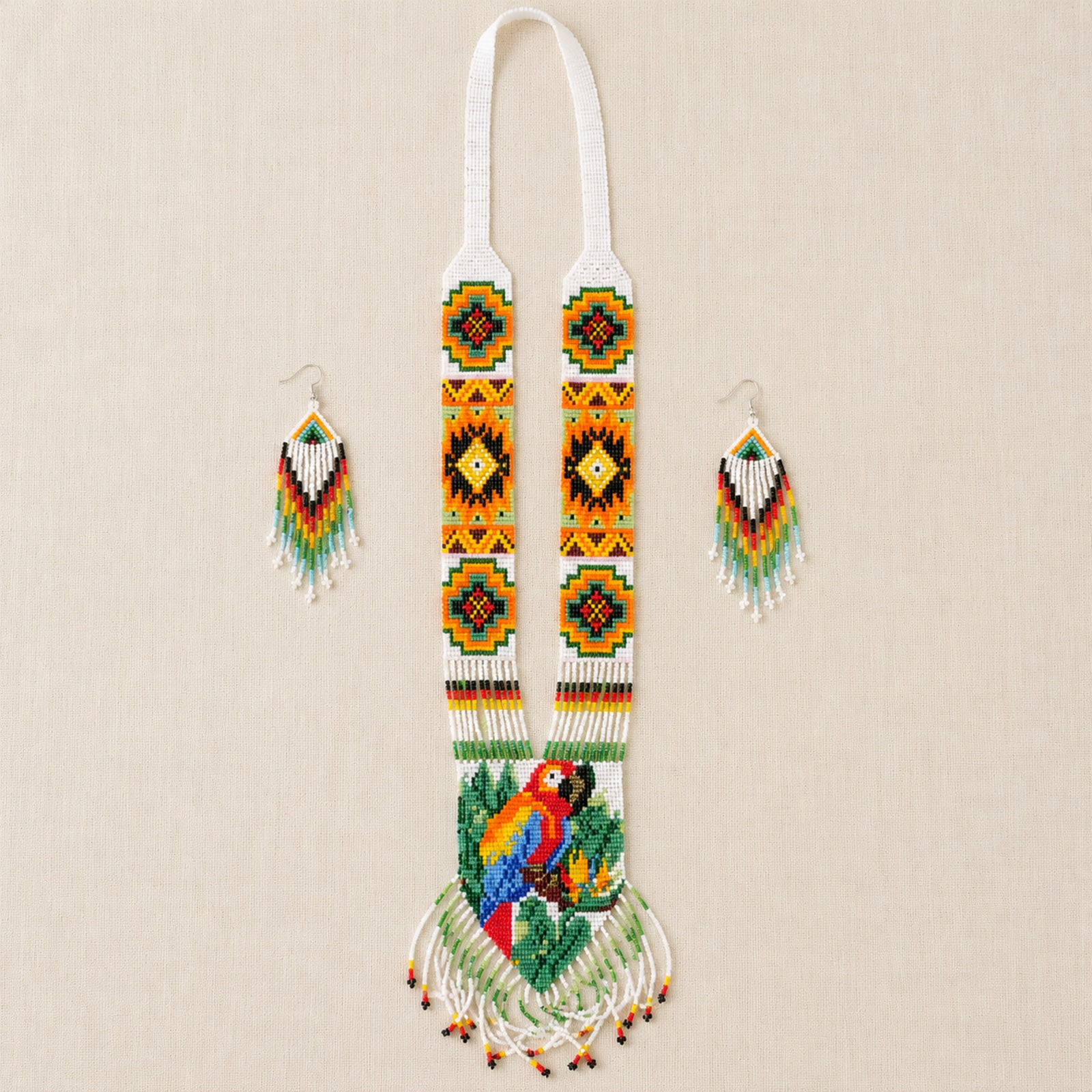 Women's White Handcrafted Beaded Necklace & Earring Set-3