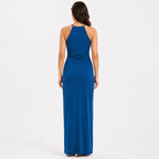 Women's Navy Blue Halter Neck Twist Front Maxi Dress-4