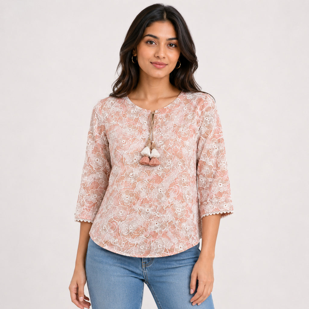 Women's Peach Floral Lace Top | Elegant Semi-Sheer Casual Party Wear Top for Women-1