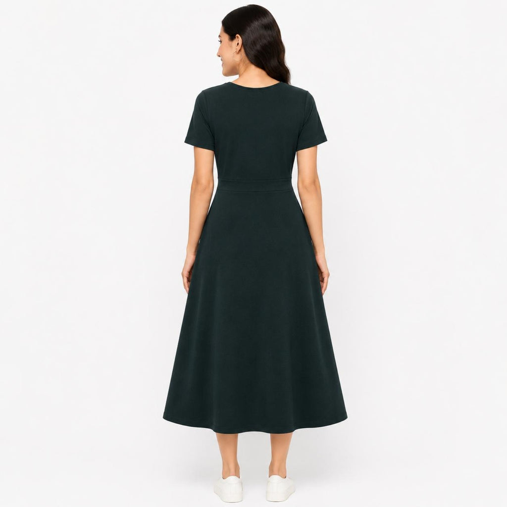 Women's Green & Beige Vertical Color Block Round Neck A-Line Midi Dress-1