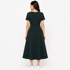 Women's Green & Beige Vertical Color Block Round Neck A-Line Midi Dress-1