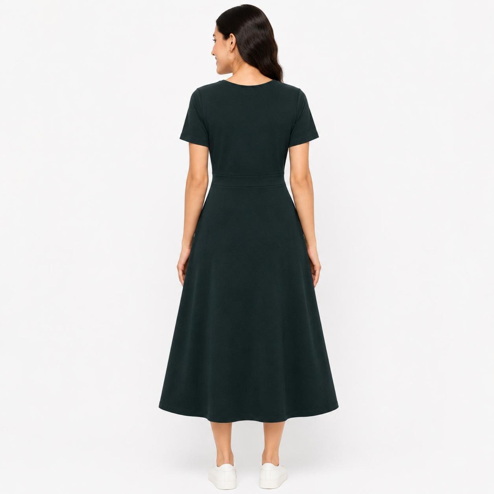 Women's Green & Beige Vertical Color Block Round Neck A-Line Midi Dress-1