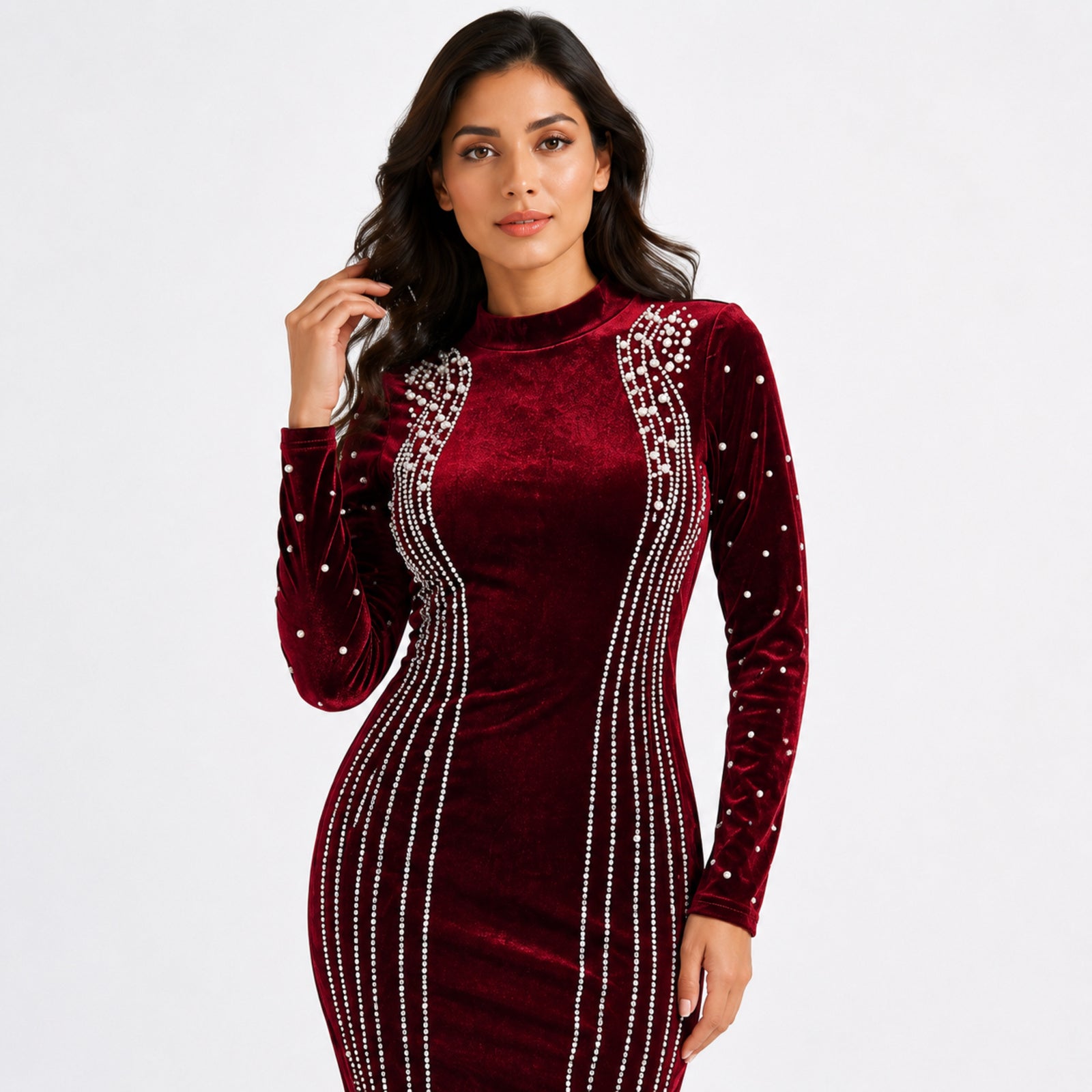 Women's Maroon Embellished Velvet Bodycon Mini Dress | High Neck Party Wear Dress-3