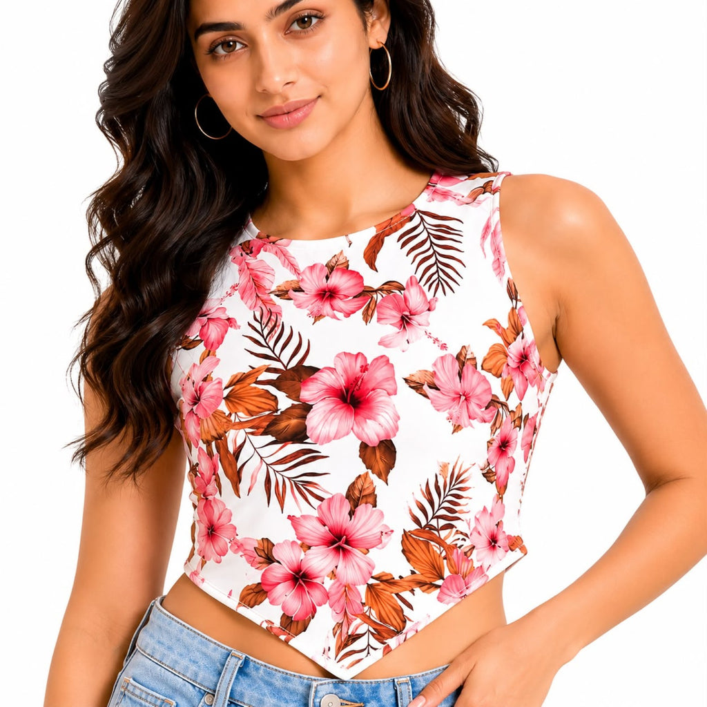 Women's Red Floral Handkerchief Hem Crop Top-2
