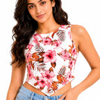 Women's Red Floral Handkerchief Hem Crop Top-2