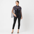 Women's Elegant Hand-Embroidered Mock Neck Navy Blue Cape with Metallic Fringe Tassel-3