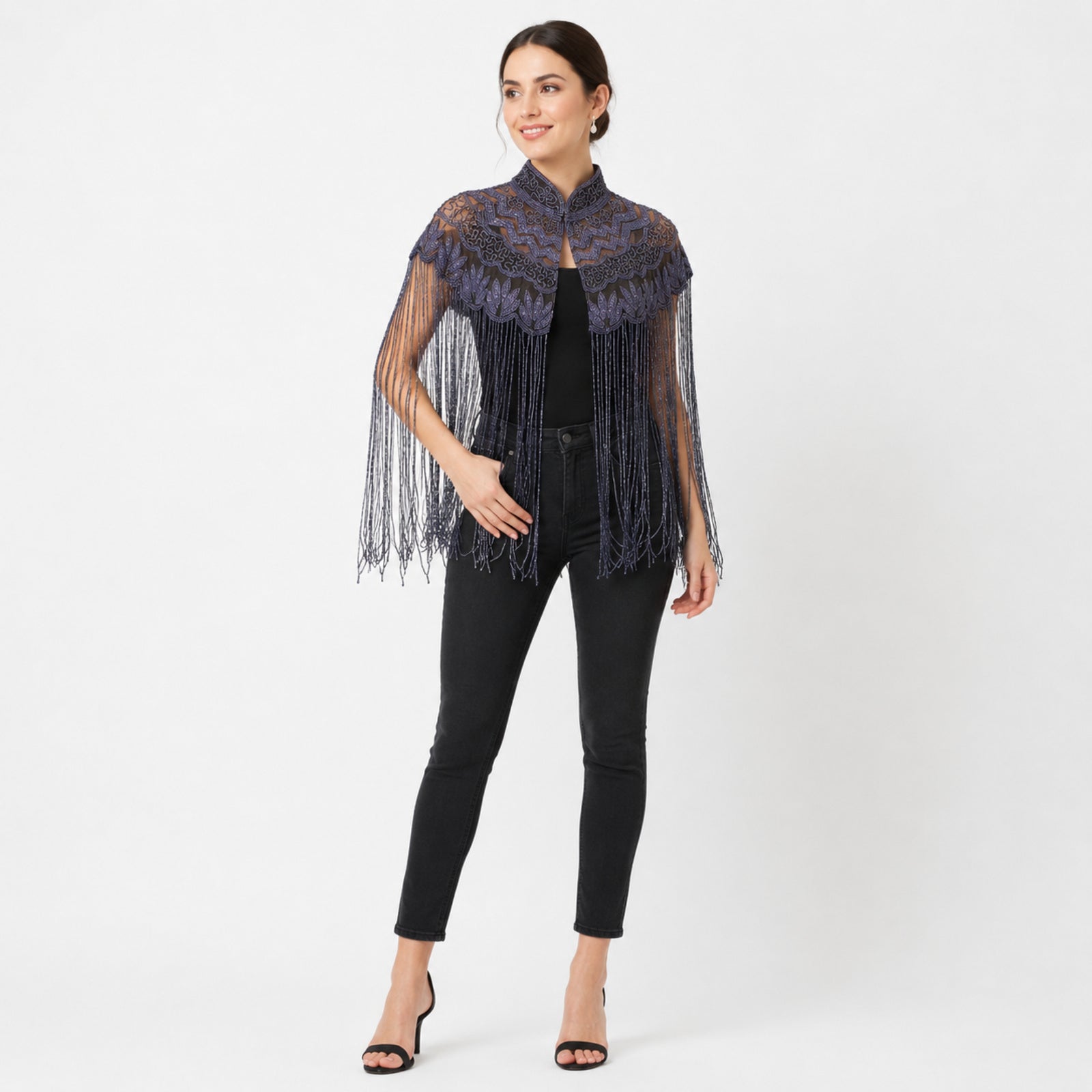 Women's Elegant Hand-Embroidered Mock Neck Navy Blue Cape with Metallic Fringe Tassel-3