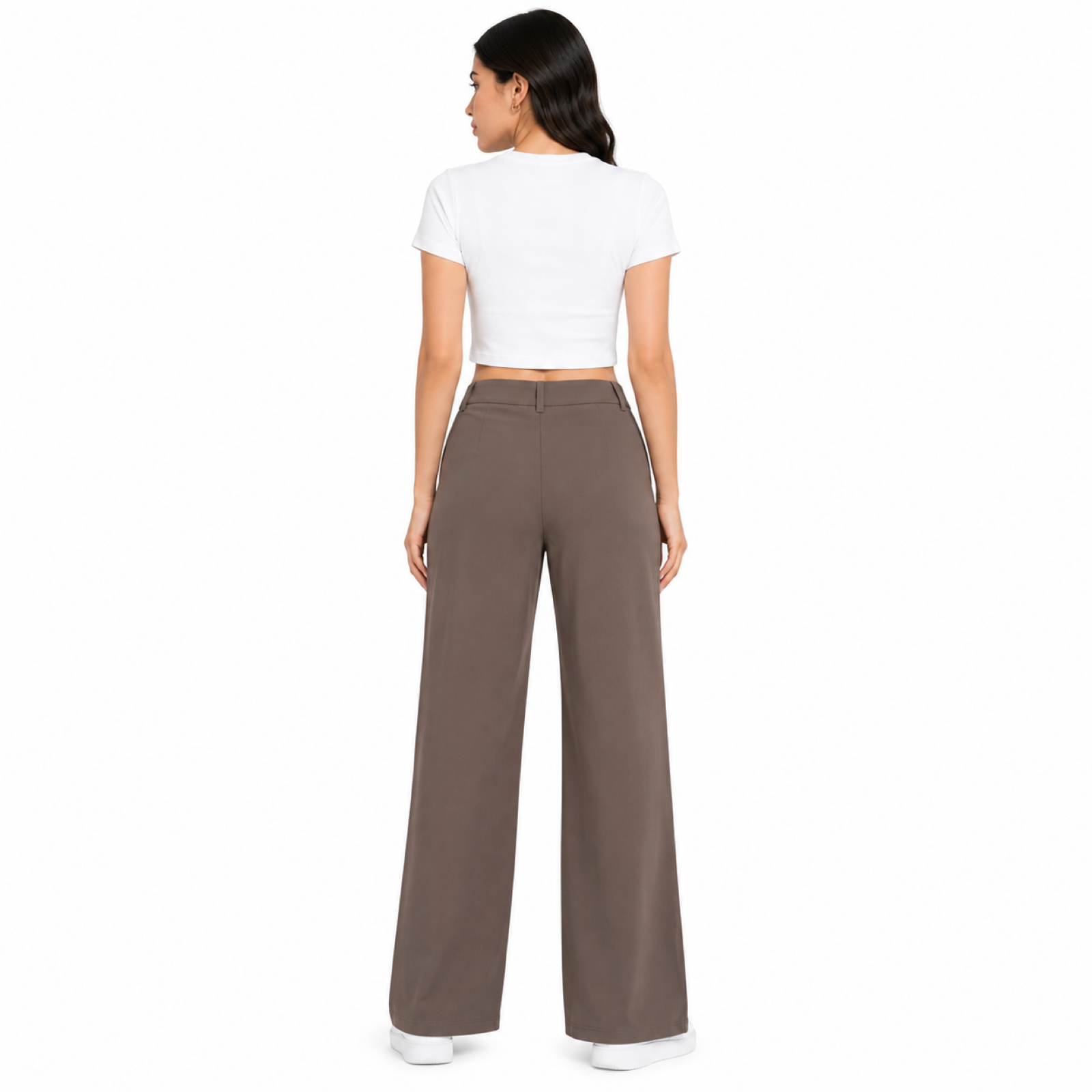 Women's Brown High-Waist Wide Leg Formal Trousers-4