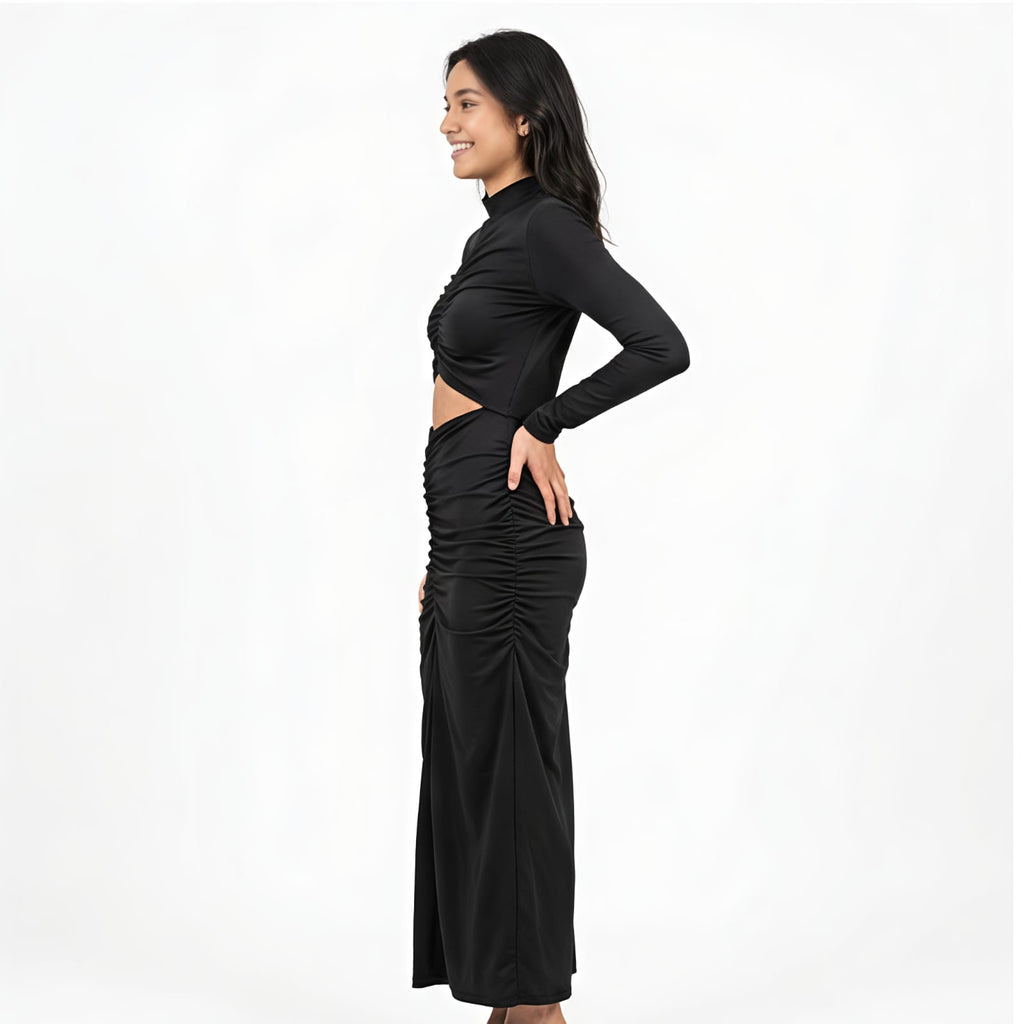 Women's Midnight Elegance Ruched Cut-Out Maxi Dress-4