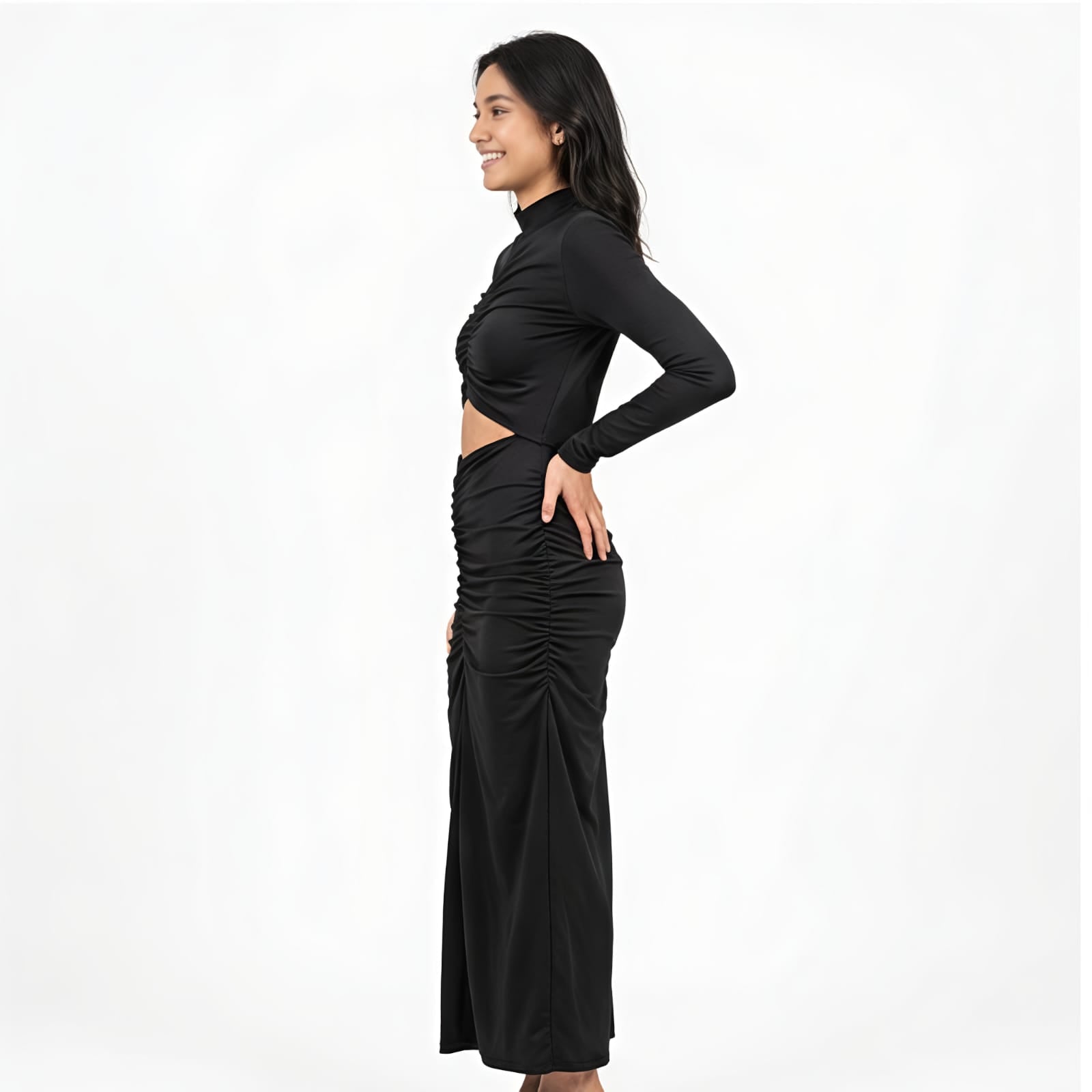 Women's Midnight Elegance Ruched Cut-Out Maxi Dress-4