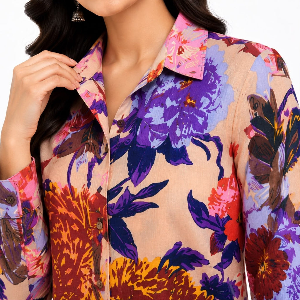 Women's Floral Printed Co-Ord Set | Stylish Shirt & Wide Leg Pant Co-Ord Set for Women – Cream-2