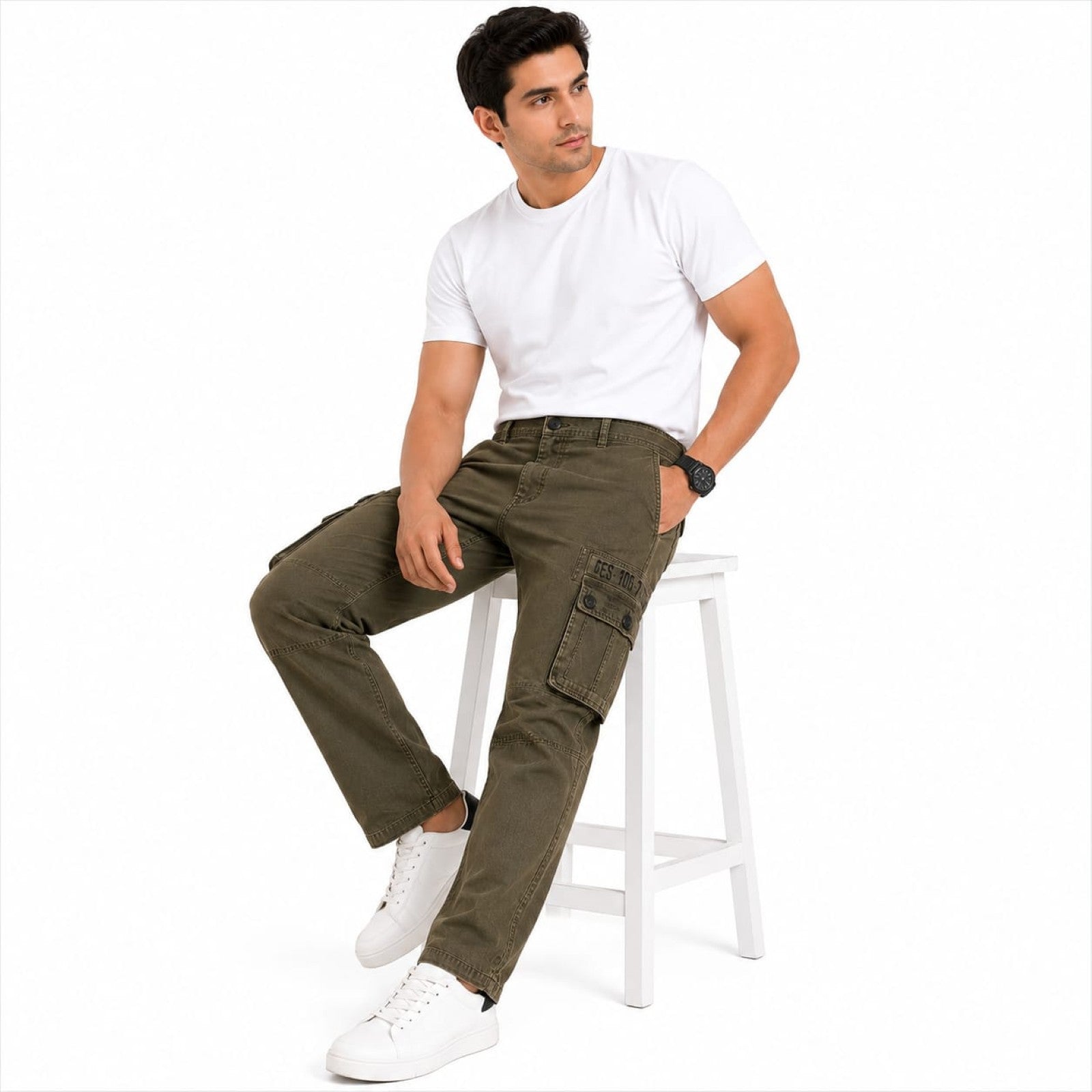 Men's Green Washed Cargo Jeans with Utility Pocket Detail-3