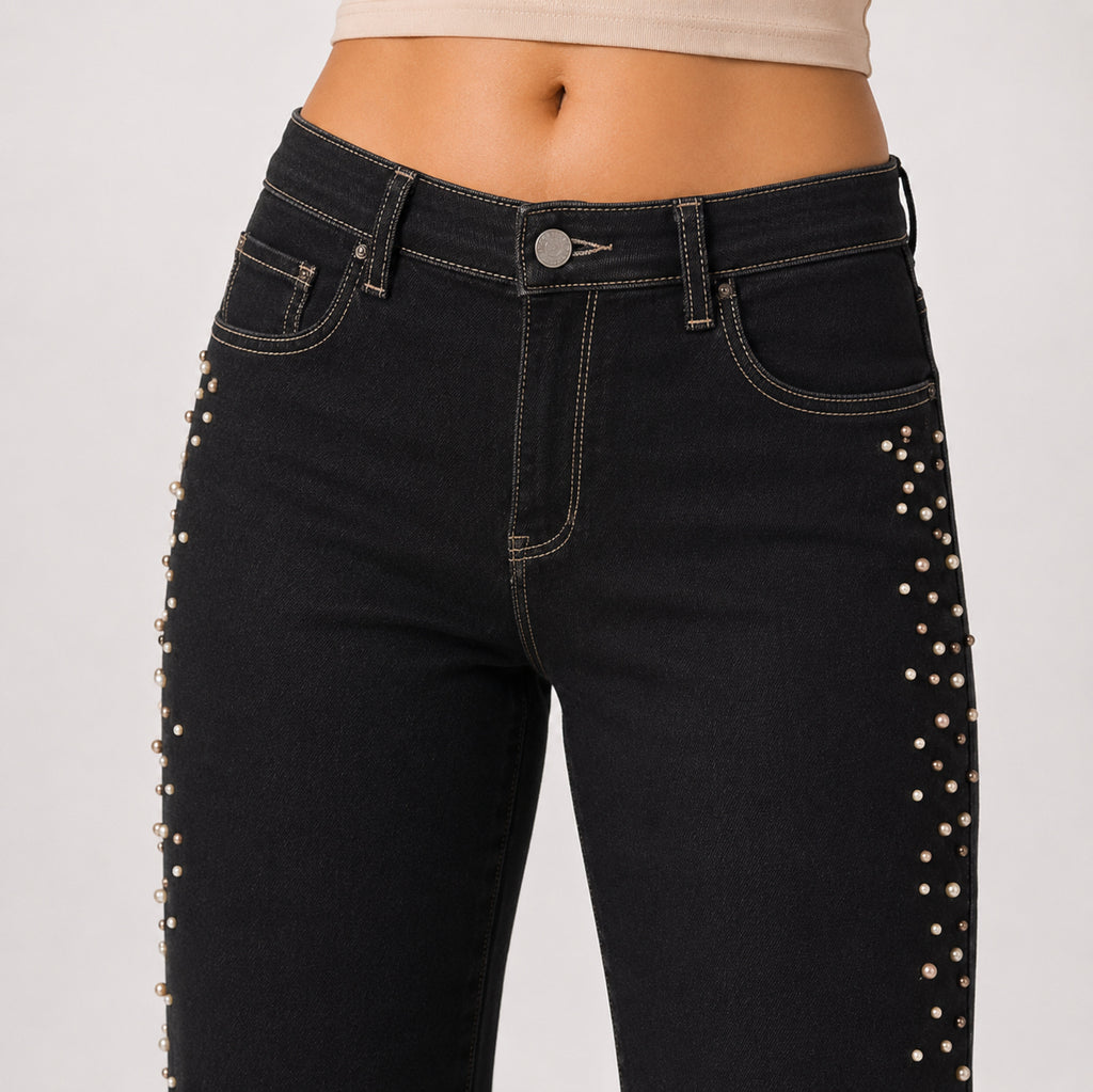 Women's Shimmering Diamond Studded Black Bootcut Jeans-2