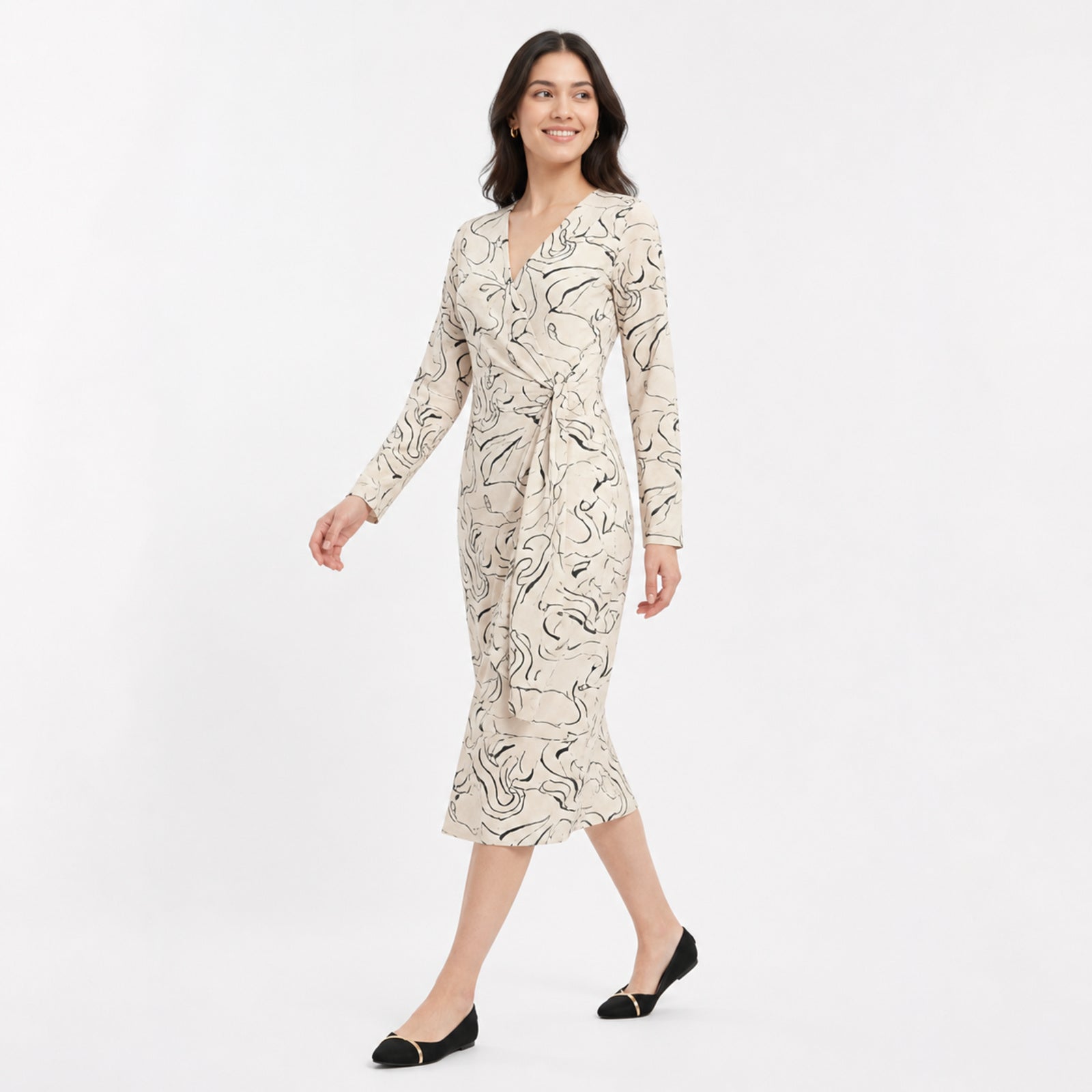 Ivory Abstract Wrap Midi Dress-1