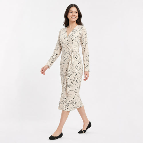 Ivory Abstract Wrap Midi Dress-1