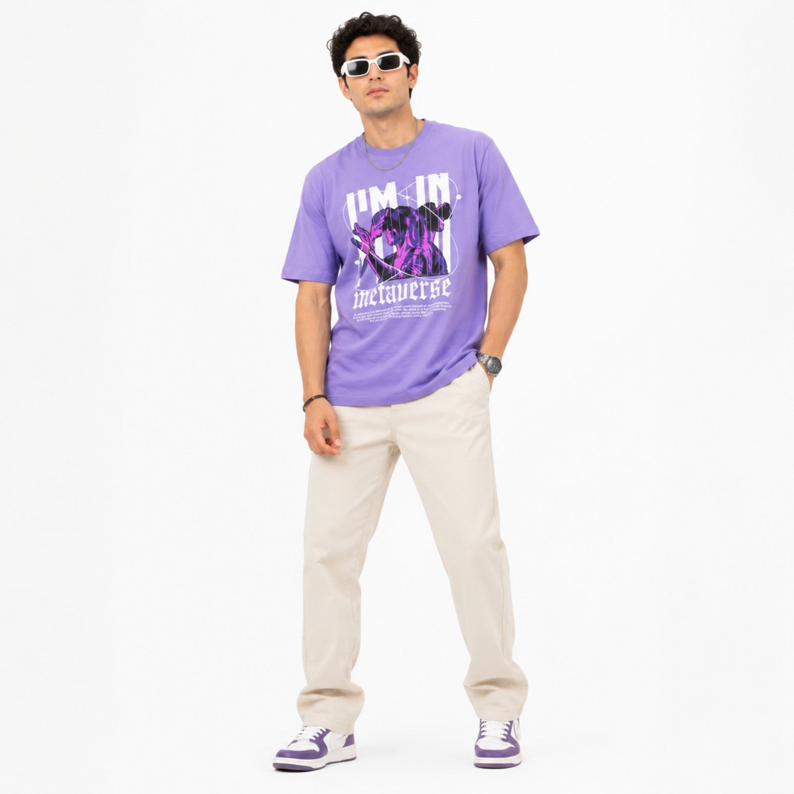 Men's Lavender Multiverse Graphic Oversized T-Shirt-2