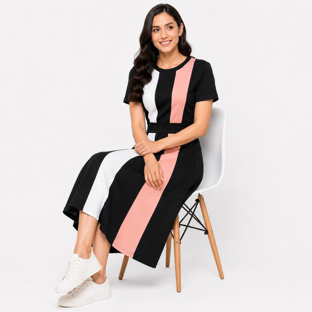Women's Peach Color Block Fit & Flare Midi Dress-3