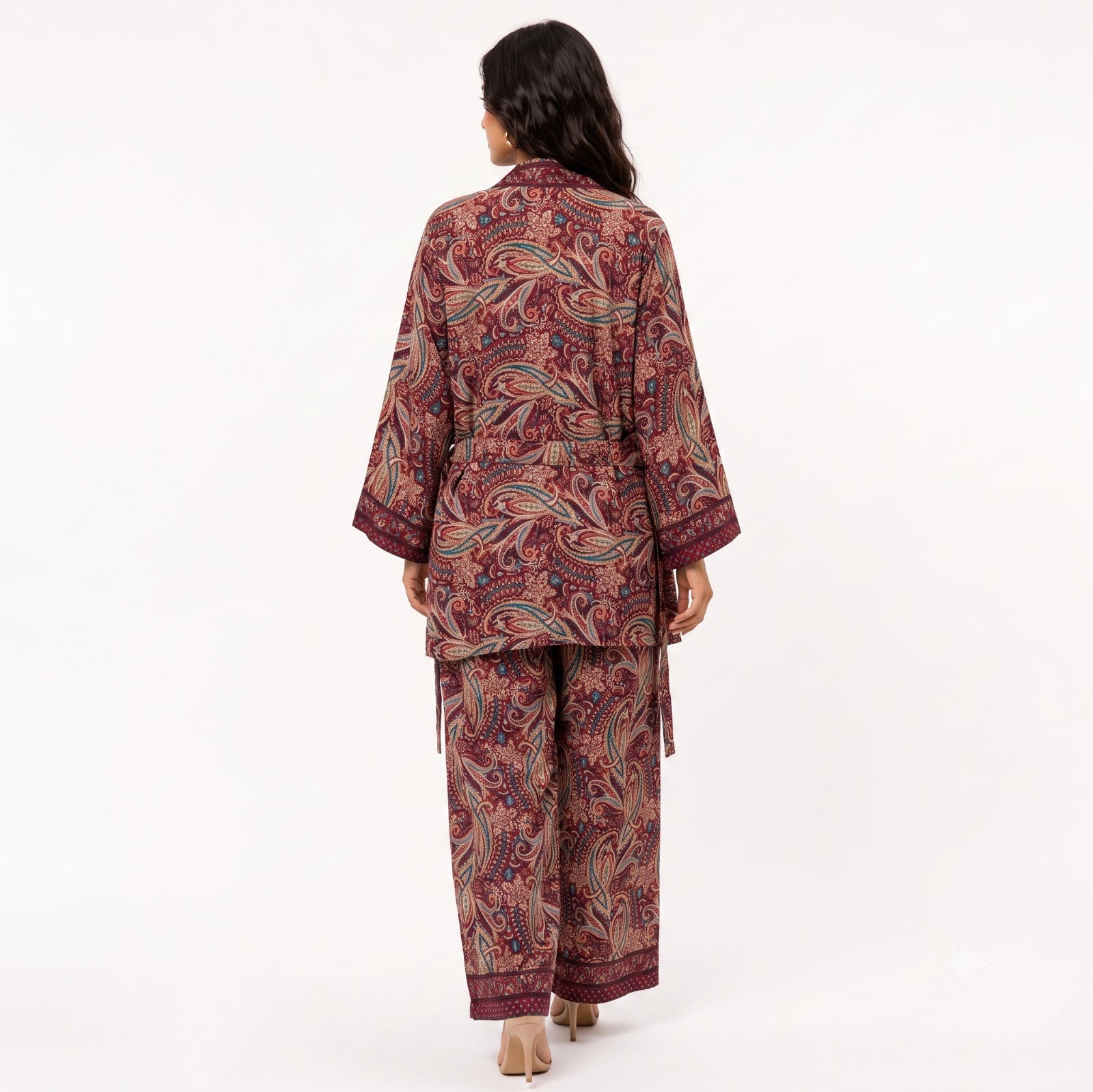 Women's Maroon Paisley 3-Piece Co-Ord Set with Kimono Shrug-4