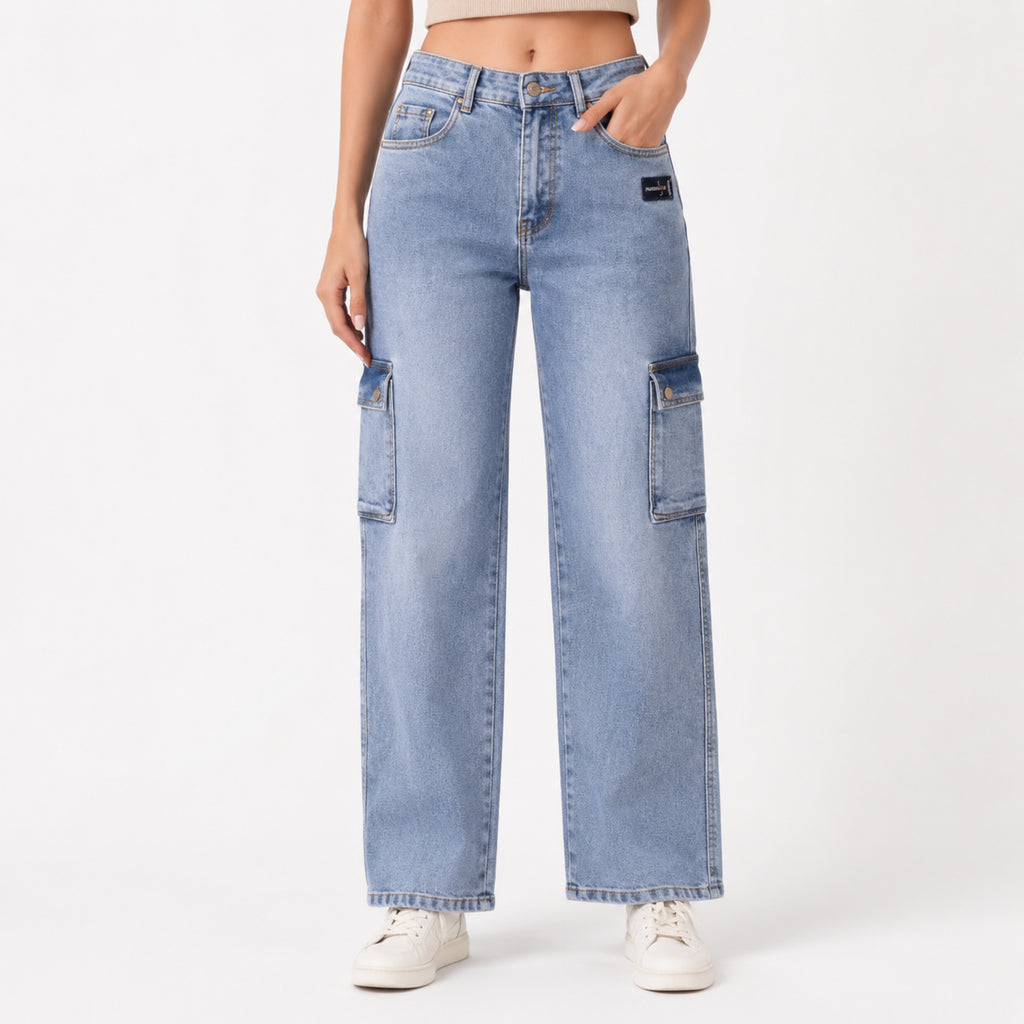 Women's Sleek High-Waist Wide-Leg Light Blue Denim Cargo Jeans-1