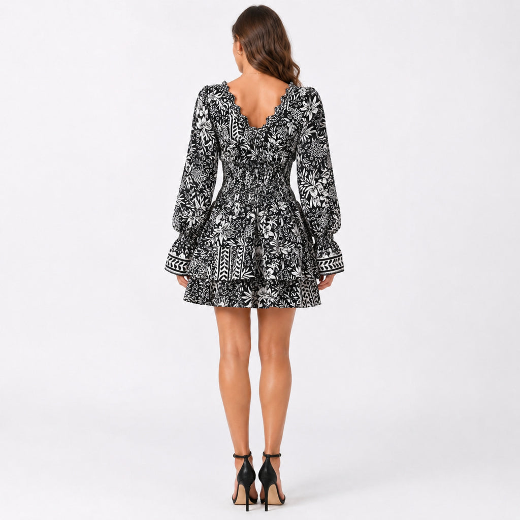 Women's Black Floral Print Smocked Mini Dress-4