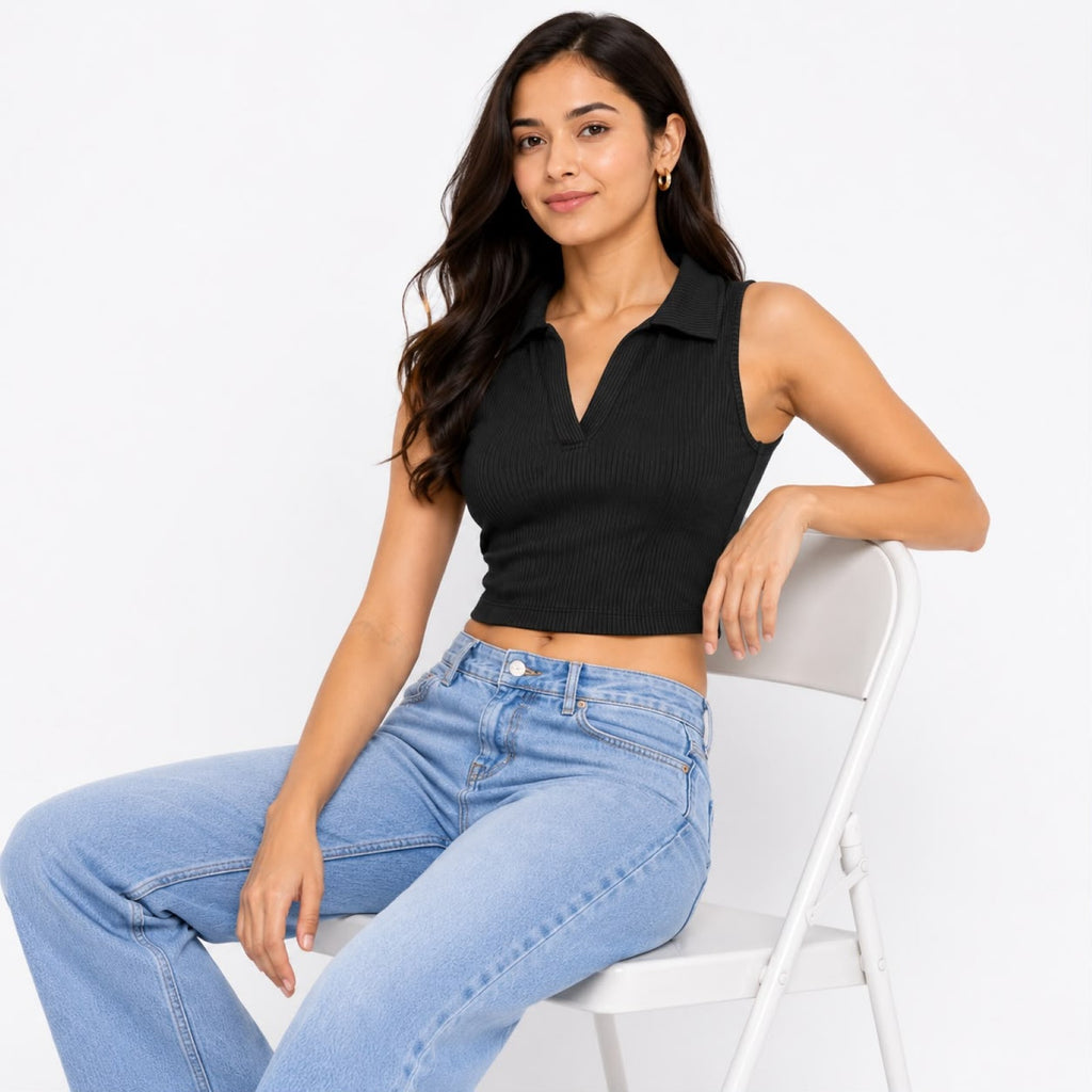 Women's Black Ribbed Sleeveless Collared Crop Top-2