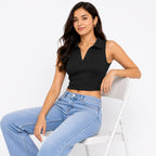 Women's Black Ribbed Sleeveless Collared Crop Top-2