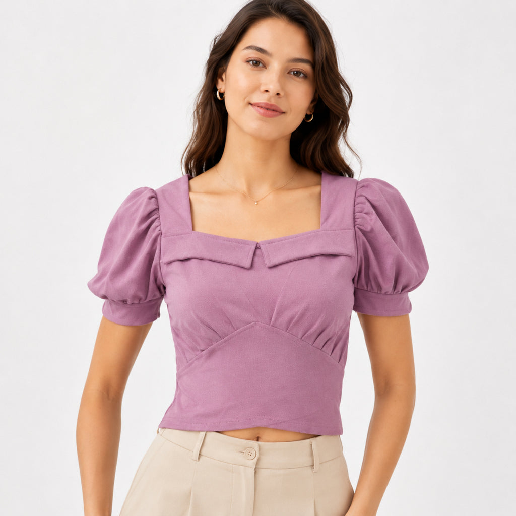 Women's Pink Square Neck Puff Sleeve Ruched Crop Top | Feminine Fitted Casual Blouse-2