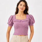 Women's Pink Square Neck Puff Sleeve Ruched Crop Top | Feminine Fitted Casual Blouse-2