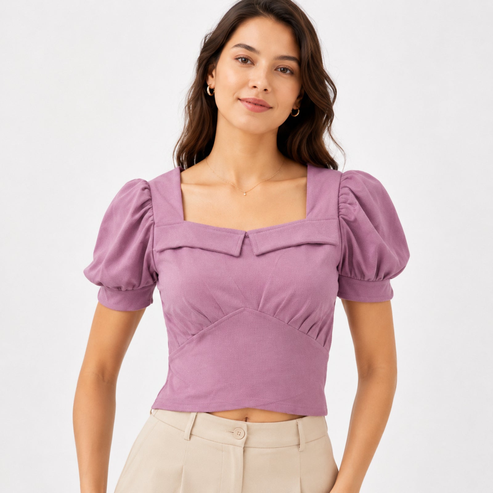 Women's Pink Square Neck Puff Sleeve Ruched Crop Top | Feminine Fitted Casual Blouse-2